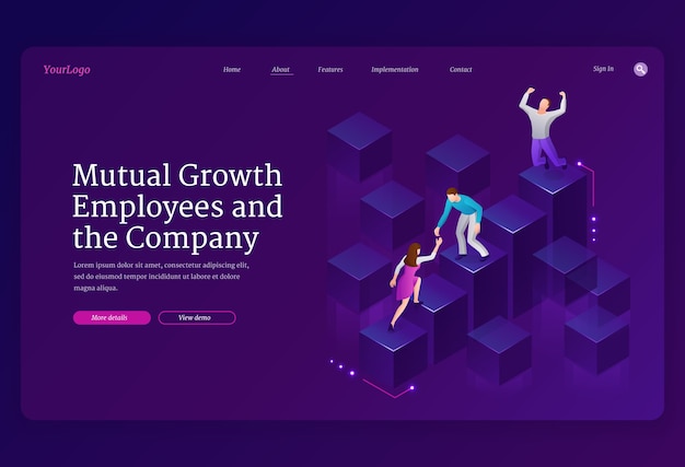 Free vector mutual growth and assistance employees and company isometric landing page