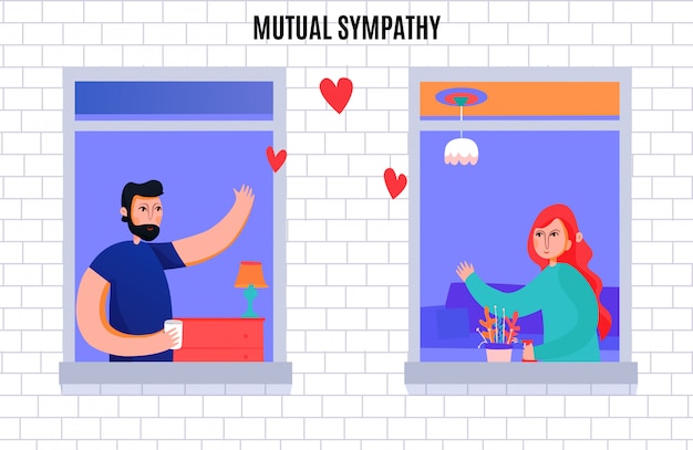 Mutual sympathy between man and woman composition with neighbors waving each other from windows