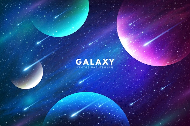 Free vector mysterious galaxy background with colorful planets