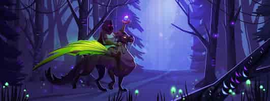 Бесплатное векторное изображение Таинственный рыцарь верхом на грифоне в ночном лесу. векторная мультяшная иллюстрация сказочного воина, держащего в руке волшебный хрустальный шар, сидящего на фантастической жуткой дороге монстра-гиппогрифа