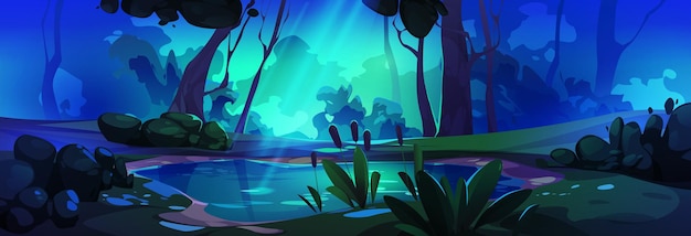 Mysterious Night Forest Landscape with Swamp Vector Cartoon Illustration