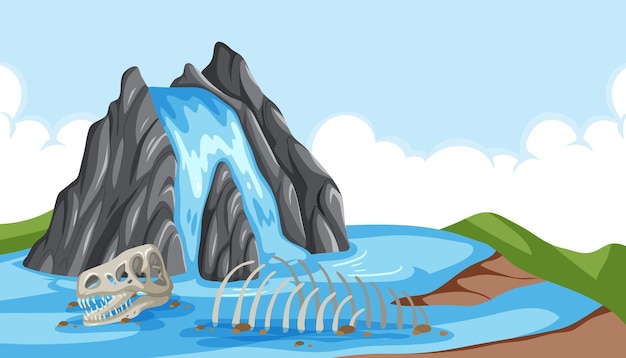 Free vector mysterious waterfall with dinosaur fossils