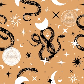 神秘的​な​ヘビ​の​シームレス​な​パターン​。​ヘビ​の​シルエット​と​占星術​の​シンボル​で​印刷します​。​星​、​月​、​ヘビ​の​ベクトル​デザイン​で​華やかな​魔法​。​イラスト​の​背景​と​パターン​、​錬金術​と​ヘビ