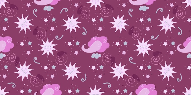 Mystical background with sun and clouds.magic astrology and the starry sky. vector illustration for baby textiles. seamless pattern for kids.