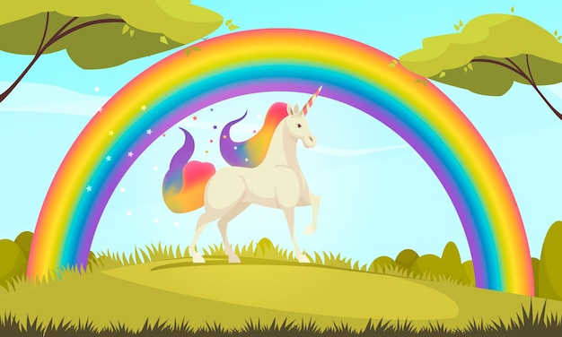 Free vector mystical creatures flat cartoon of white unicorn under the rainbow