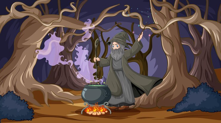 Free Vector mystical forest witch brewing potion