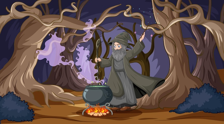 Free Vector mystical forest witch brewing potion