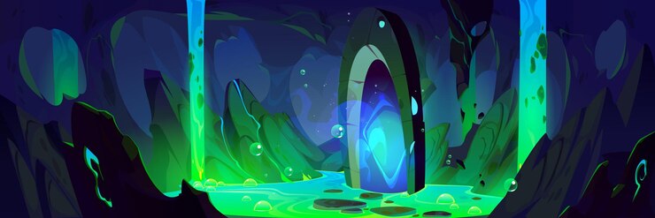 Free Vector mystical portal to another dimension or game level in dark cave with stone walls and toxic green glowing liquid with bubbles and fog cartoon vector magic door or gate in rocky underground or dungeon