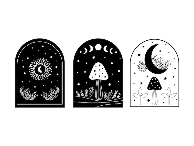 Mystical set with mushrooms and moon. vector illustration.