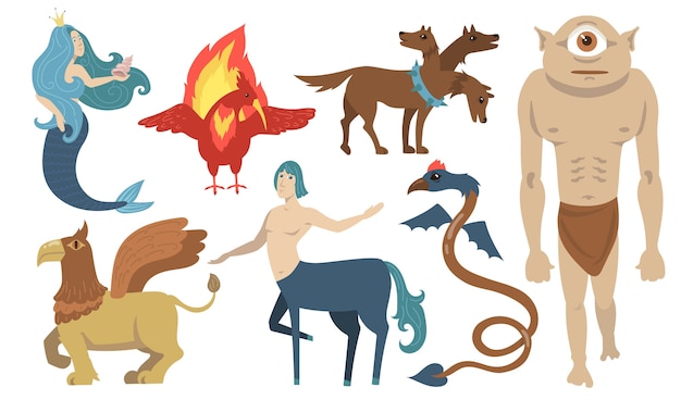 Mythical creatures characters set. Flying lion, cyclops, griffin, centaur, mermaid, Cerberus. For Greek mythology, fantasy, legend, culture, literature