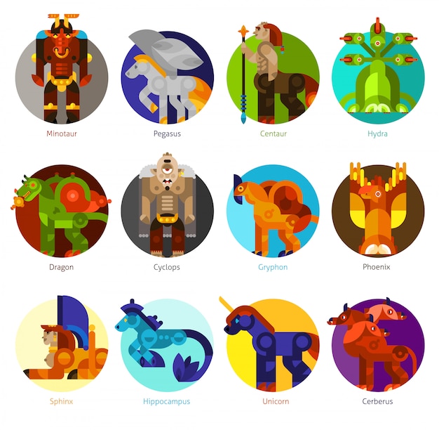 Бесплатное векторное изображение Набор значков мифических существ