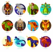 Free vector mythical creatures icons set