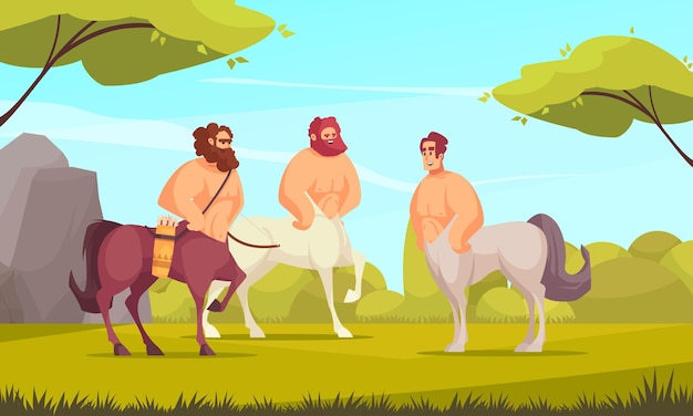 Free vector mythical three centaurs in meadow flat cartoon