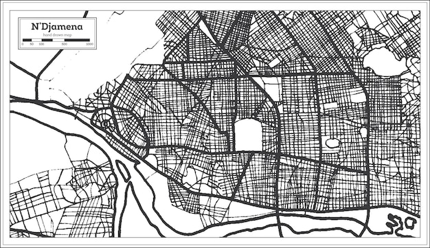 Карта города нджамена чад в черно-белом цвете. контурная карта. векторные иллюстрации. Premium векторы