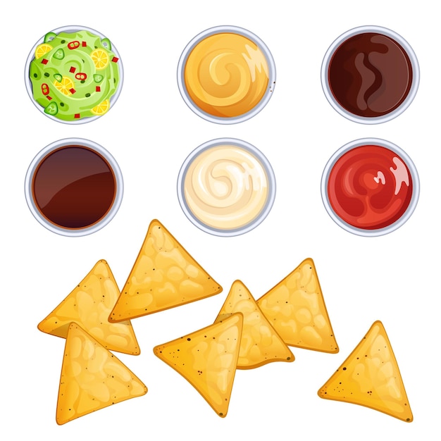 Бесплатное векторное изображение Чипсы и соусы начо в изолированных мисках. мексиканская еда мультяшном стиле иллюстрации.