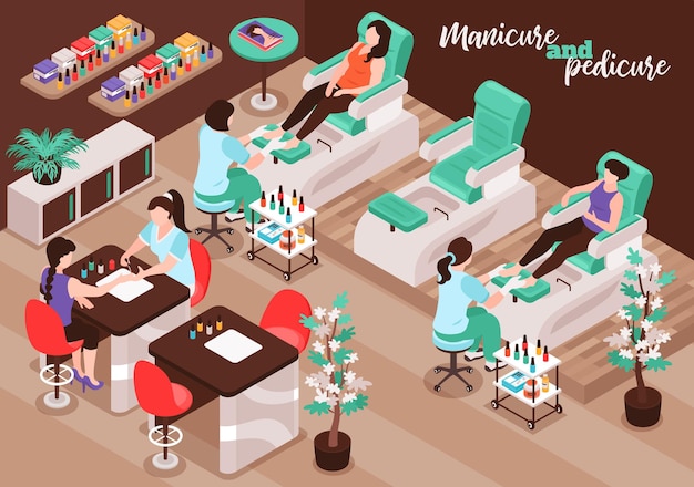 Free vector nail salon isometric with female characters of clients and staff doing procedure of manicure and pedicure  illustration