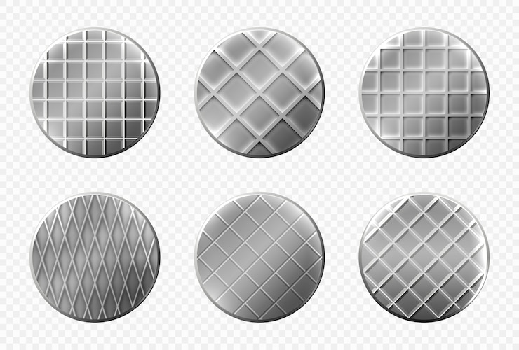 Free Vector nails heads top view, steel metal pins with checkered ornament, spikes hardware grey caps with grooves