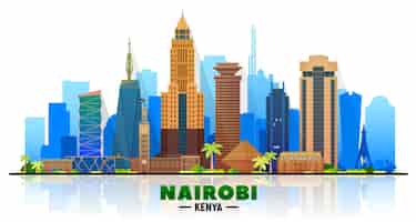 Vettore gratuito orizzonte di nairobi in kenya su sfondo bianco stile realistico piatto con famosi monumenti e moderni edifici raschiatori illustrazione vettoriale per la produzione web o di stampa