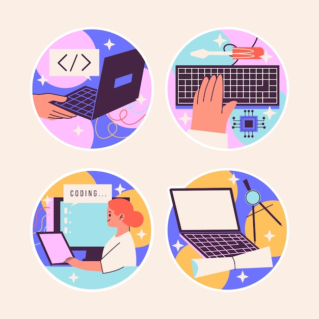 Free vector naive computer engineer stickers collection