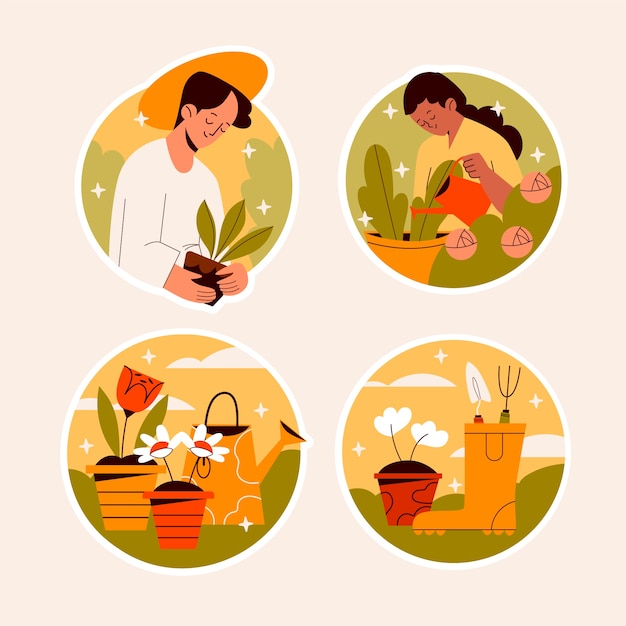 Free vector naive gardening stickers collection