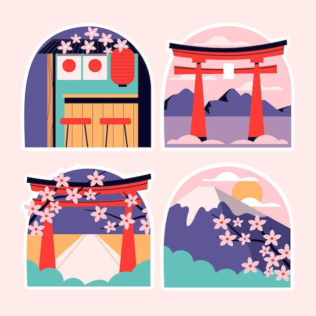 무료 벡터 순진한 일본 스티커 컬렉션