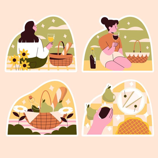 Free Vector naive picnic stickers collection