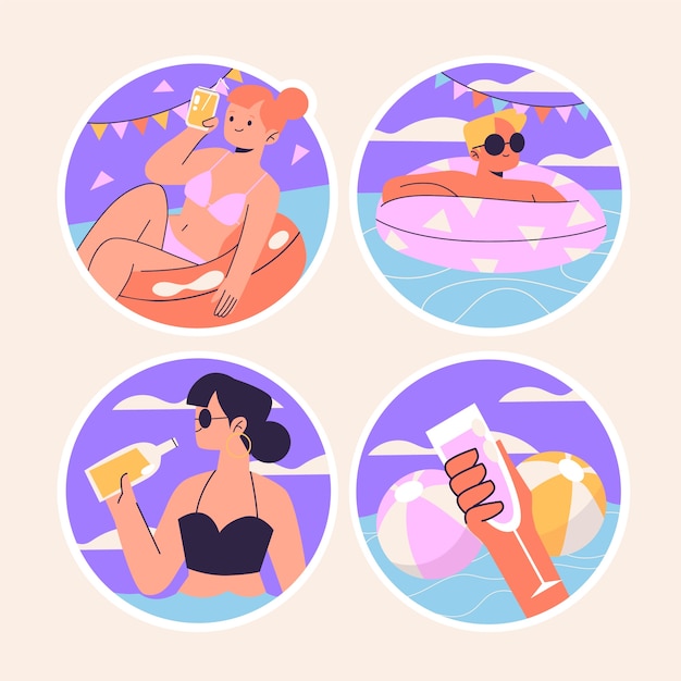 Free vector naive pool party stickers collection