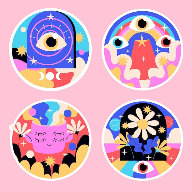 Naive psychedelic stickers colorful illustration