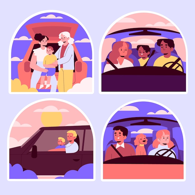 Бесплатное векторное изображение Наклейки на семейный автомобиль в наивном стиле