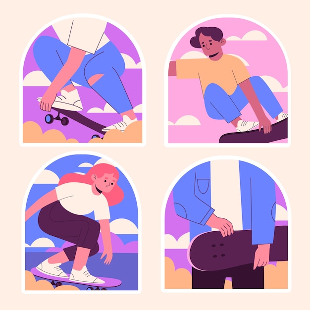 Vettore gratuito adesivi per illustrazioni di skateboard in stile ingenuo