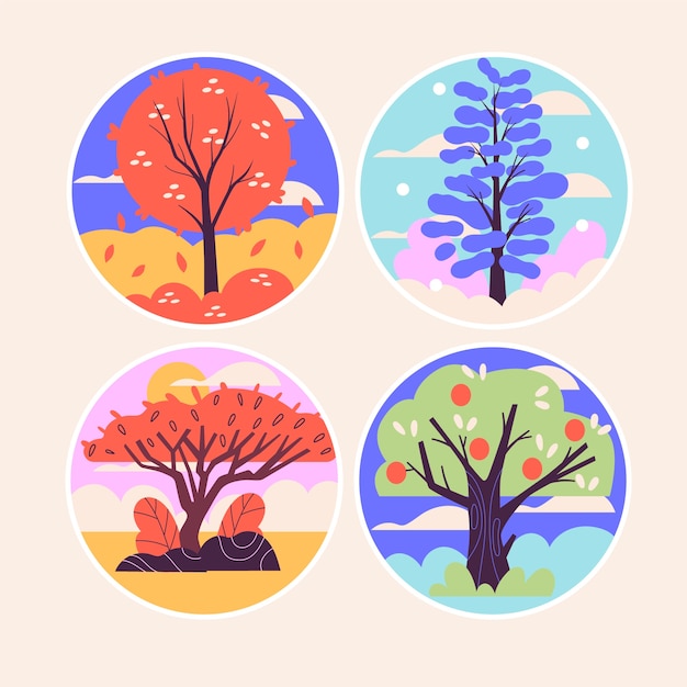 Free vector naive trees stickers collection