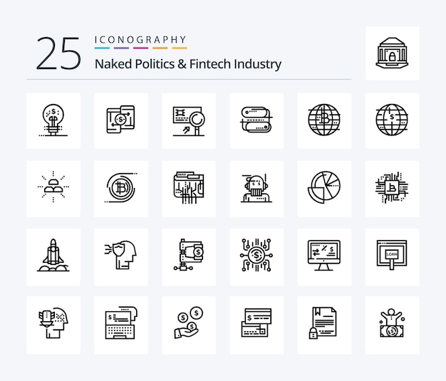 Naked politics and fintech industry 25 line icon pack che include il rilevamento della tecnologia blockchain del telefono dell'indirizzo di pagamento