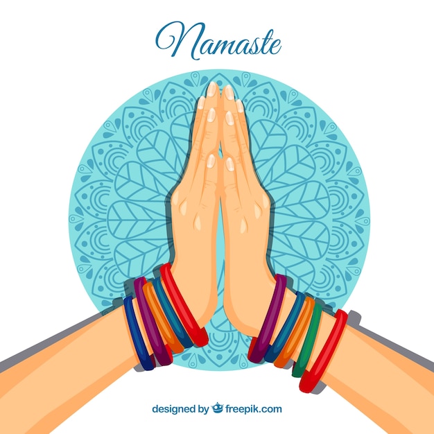 Free vector namaste gesture with colorful bacelets