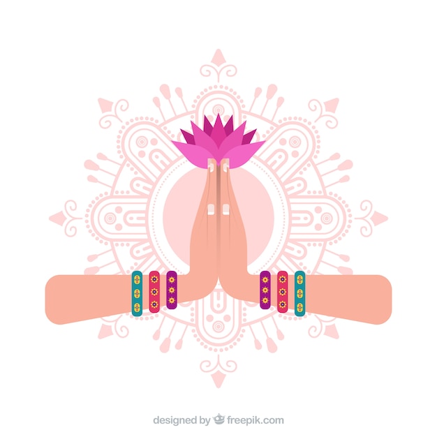 Free vector namaste gesture with mandal and flower