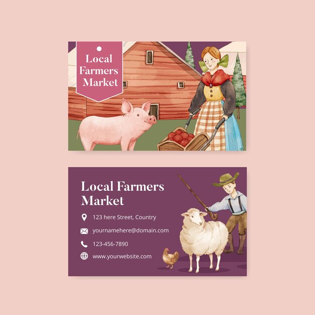 유럽 민속 농장 생활 개념이 있는 이름 카드 템플릿수채화 스타일xA
