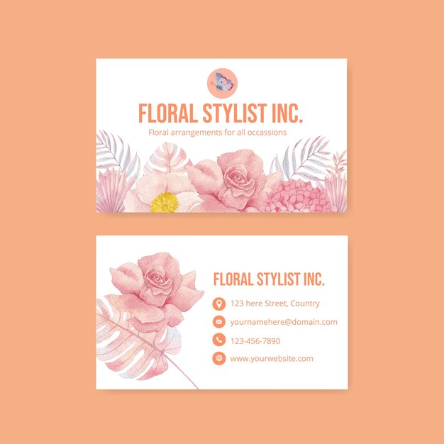 Name card template with pastel tropical flower conceptwatercolor style