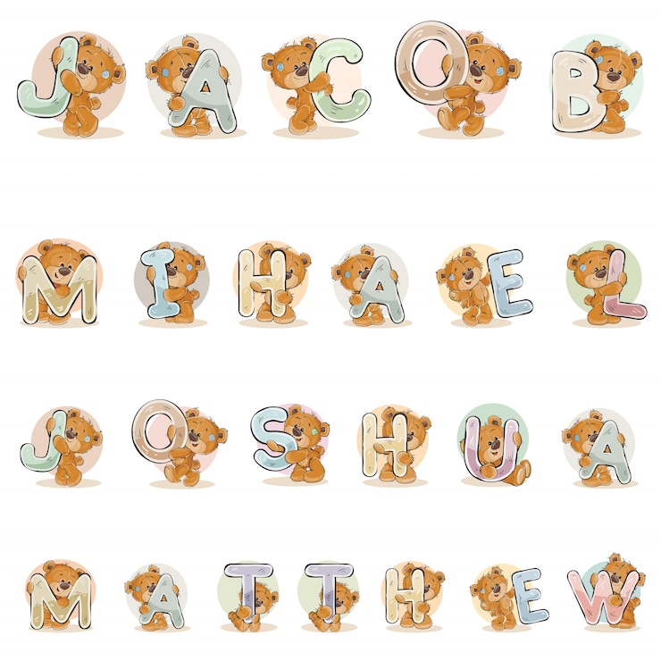 Free Vector names for boys jacob, mihael, joshua, matthew made decorative letters with teddy bears