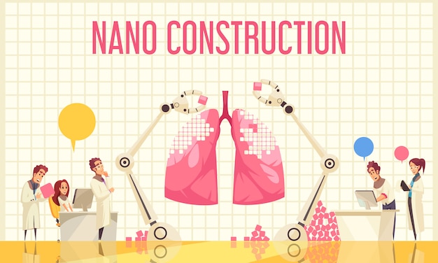 Illustrazione piatta di costruzione nano con un gruppo di scienziati che guardano un'operazione unica sul recupero del polmone da nanotecnologie