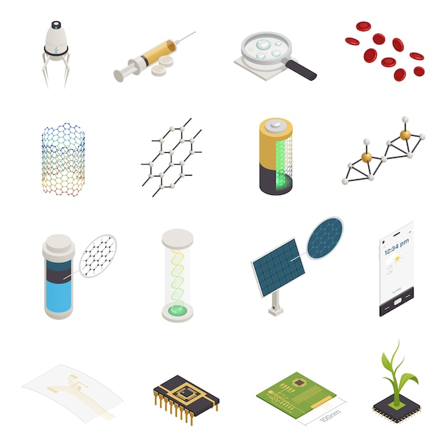 Бесплатное векторное изображение Коллекция нанотехнологий nanoscience isometric elements