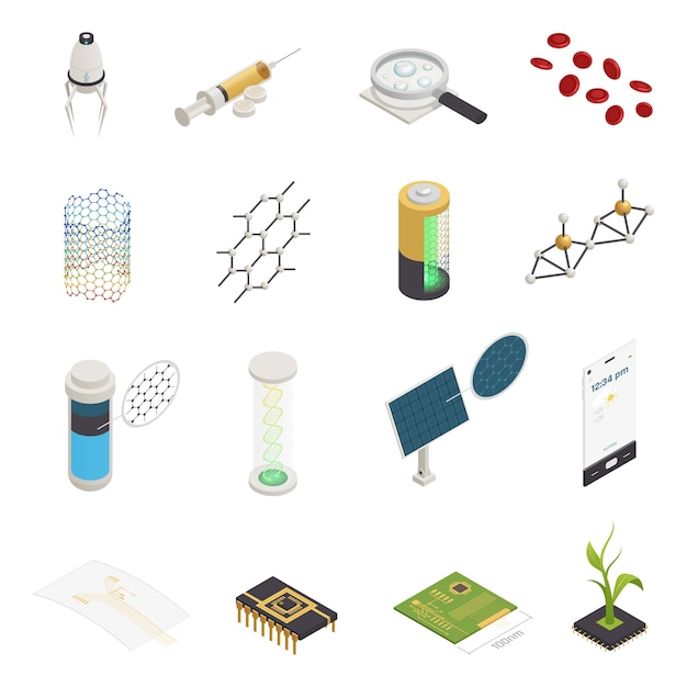 Nanotechnology nanoscience isometric elements collection