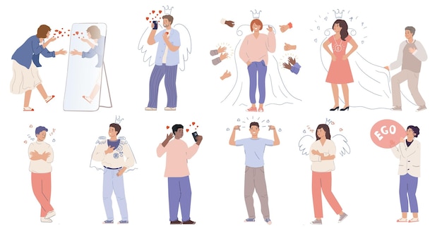 Free vector narcissism flat set of egoist characters loving himself very much isolated vector illustration