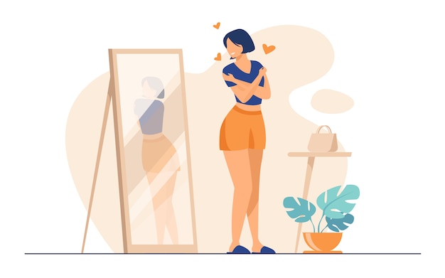 Narcissist lady standing at mirror