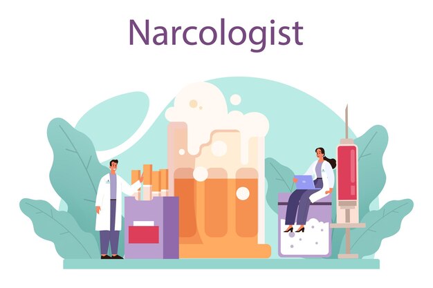 Narcologist concept Professional medical specialist Drug and tobacco addiction Idea of medical treatment for drug addicted people Isolated flat vector illustration