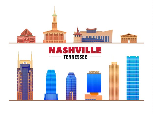 Nashville Tennessee most famous landmarks on white background Vector Illustration Business travel and tourism concept with modern buildings Image for banner or web site