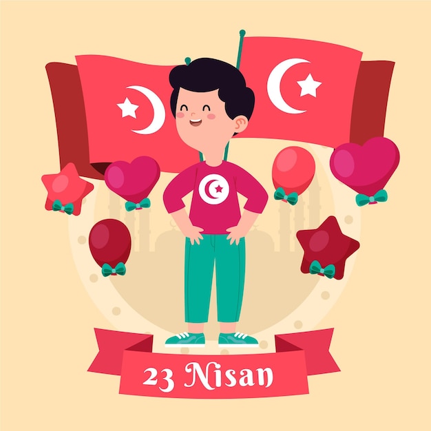 Бесплатное векторное изображение Иллюстрация национального суверенитета и дня защиты детей с мальчиком и флагами