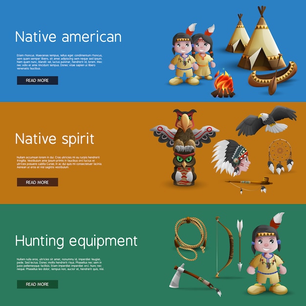 Бесплатное векторное изображение Индейские баннеры с национальными атрибутами
