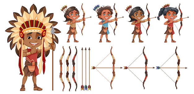 Бесплатное векторное изображение Индейский персонаж мультфильма с луком и стрелами