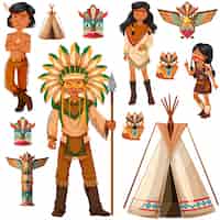 Free vector native american indian people and tepee illustration