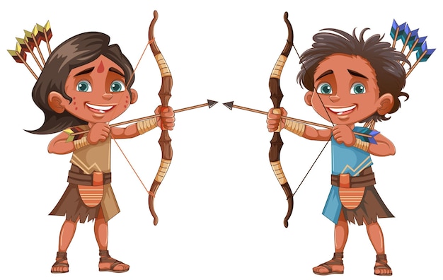 Native american tribe kids holding bow and arrow