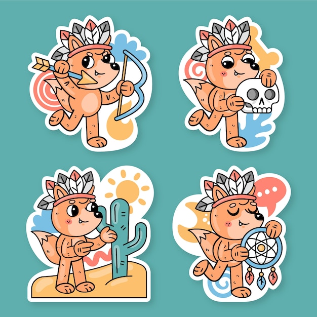 Native indian stickers collection with fred the fox